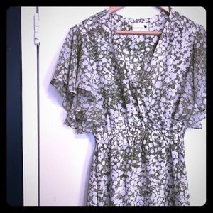 Flowy spring mock-wrap dress.